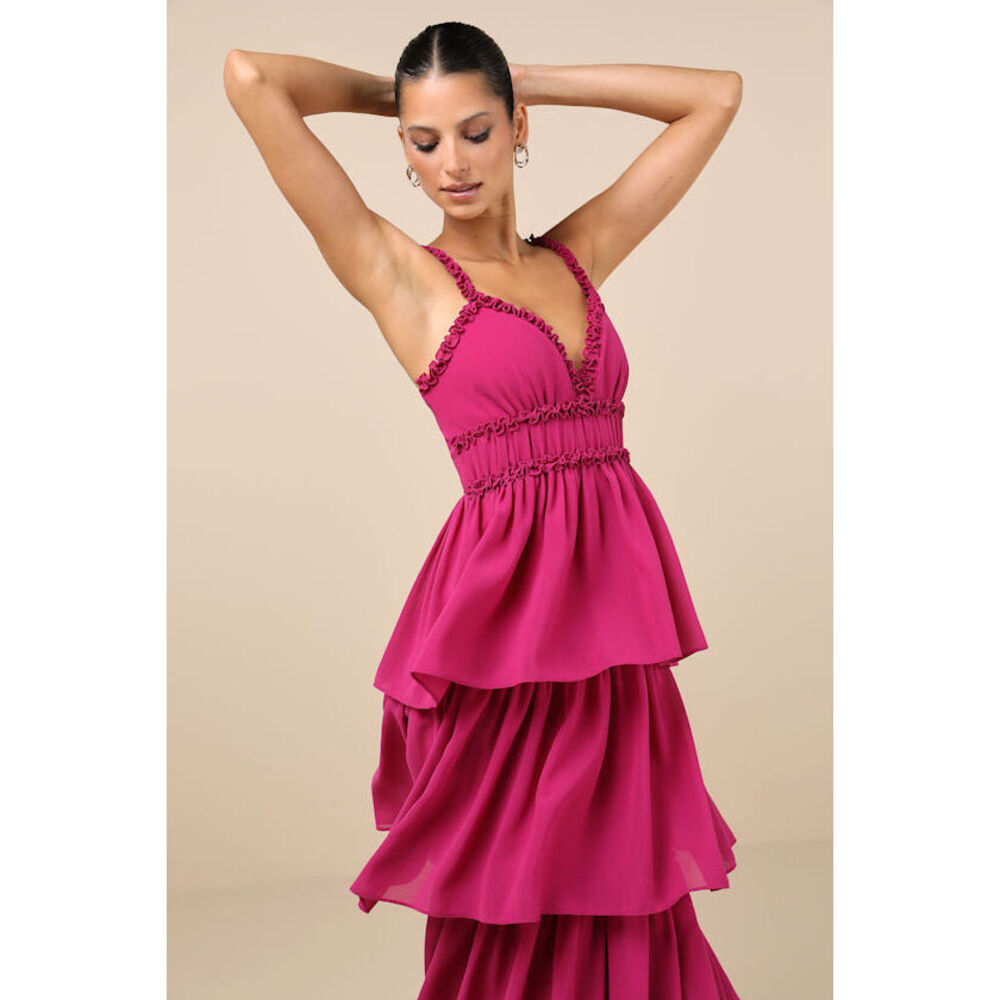 Lulus Olimpia Berry Pink Ruffled Tiered Maxi Dress - Size L
